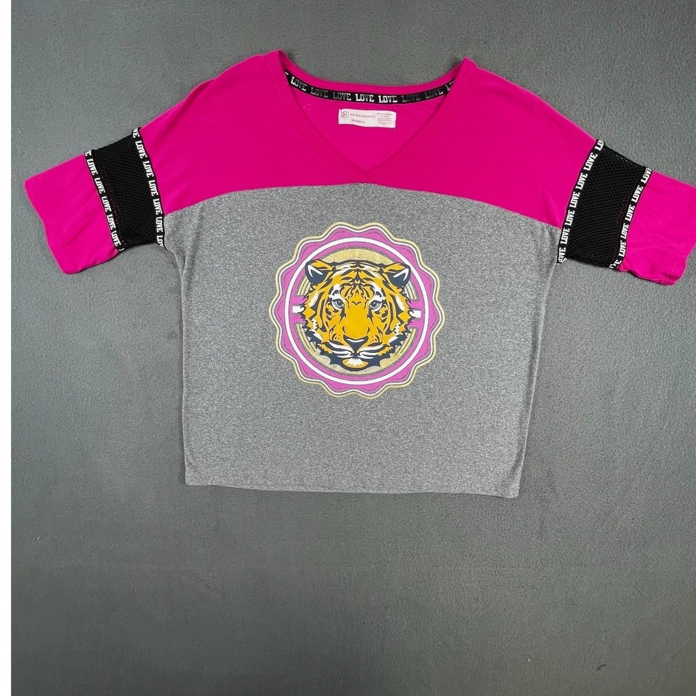 No Boundaries Women T-Shirt Pink Gray Tiger Graphic XS Streetwear NJ39T805
